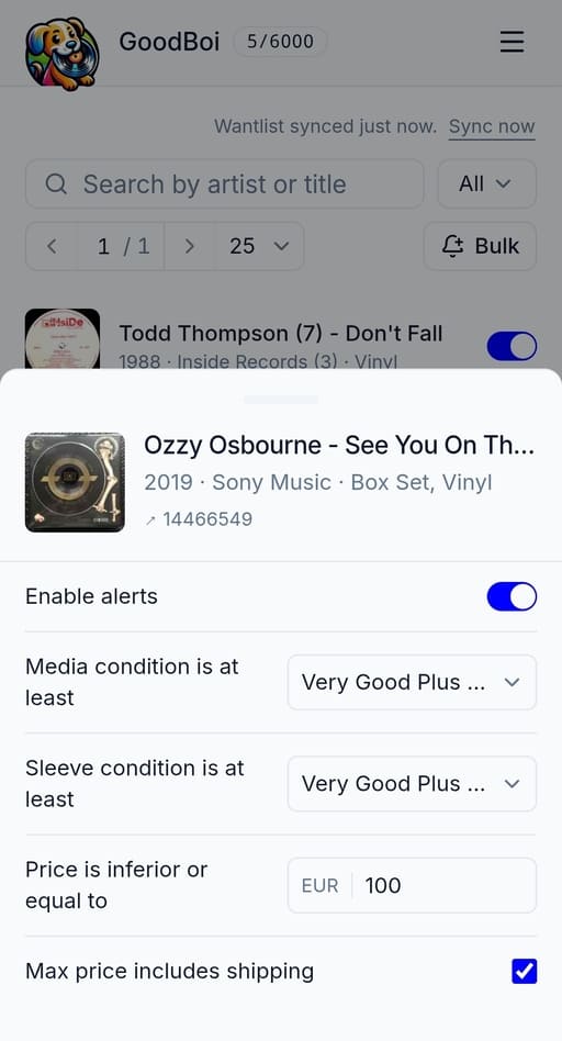discdogs alert settings on mobile